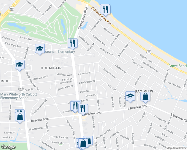 map of restaurants, bars, coffee shops, grocery stores, and more near 8861 Devon Street in Norfolk