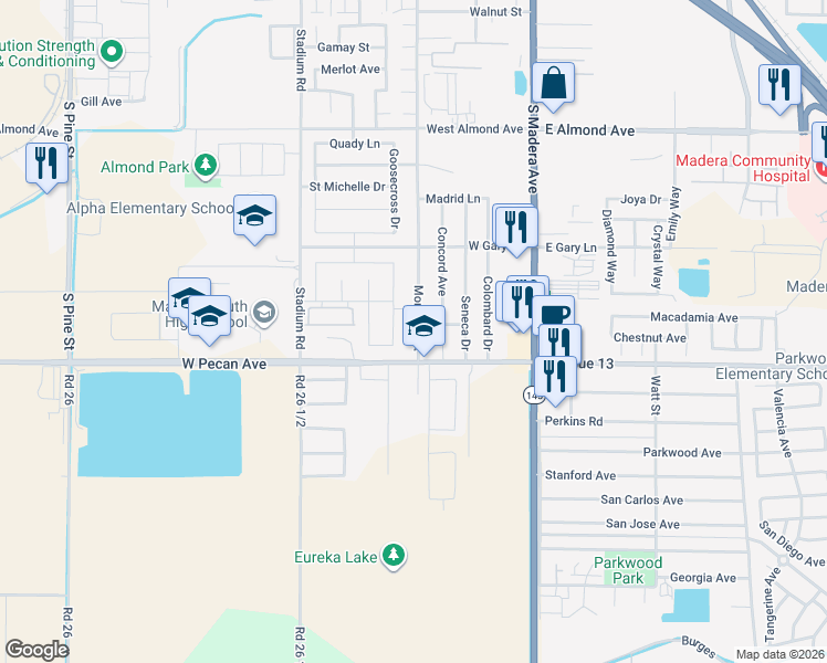 map of restaurants, bars, coffee shops, grocery stores, and more near 1438 Concord Court in Madera