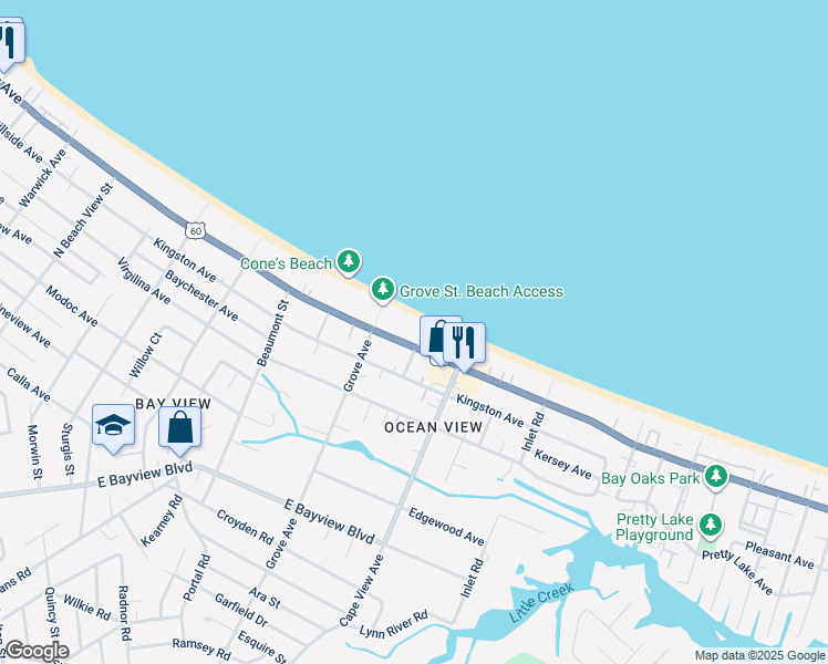 map of restaurants, bars, coffee shops, grocery stores, and more near 1838 East Ocean View Avenue in Norfolk