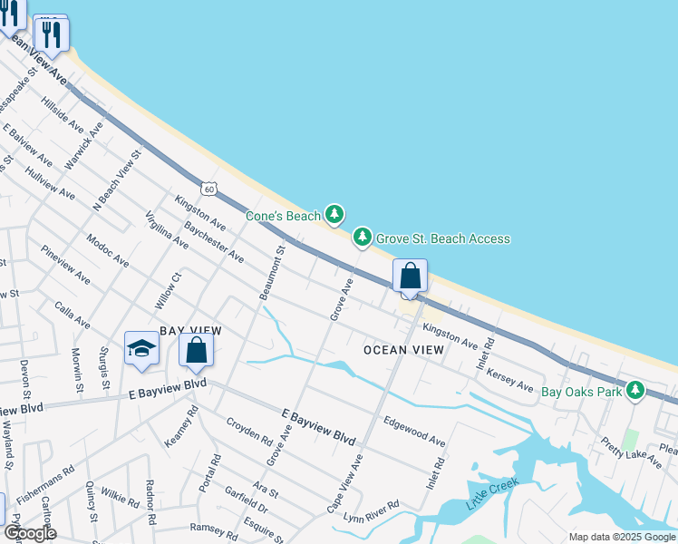 map of restaurants, bars, coffee shops, grocery stores, and more near 1714 Kingston Avenue in Norfolk