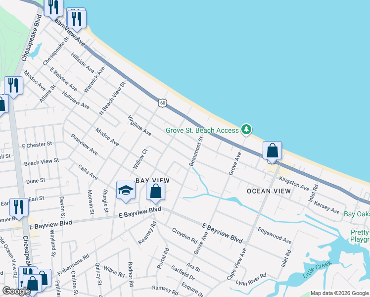 map of restaurants, bars, coffee shops, grocery stores, and more near 1541 Baychester Avenue in Norfolk