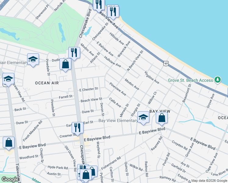 map of restaurants, bars, coffee shops, grocery stores, and more near 9325 Beach View Street in Norfolk