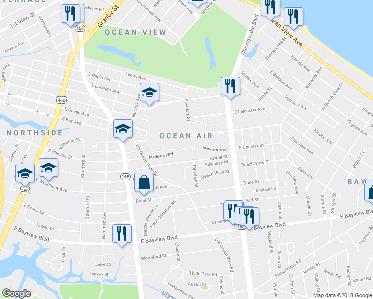 map of restaurants, bars, coffee shops, grocery stores, and more near 549 Mariners Way in Norfolk