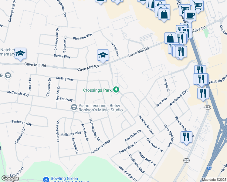 map of restaurants, bars, coffee shops, grocery stores, and more near 1424 Curling Court in Bowling Green