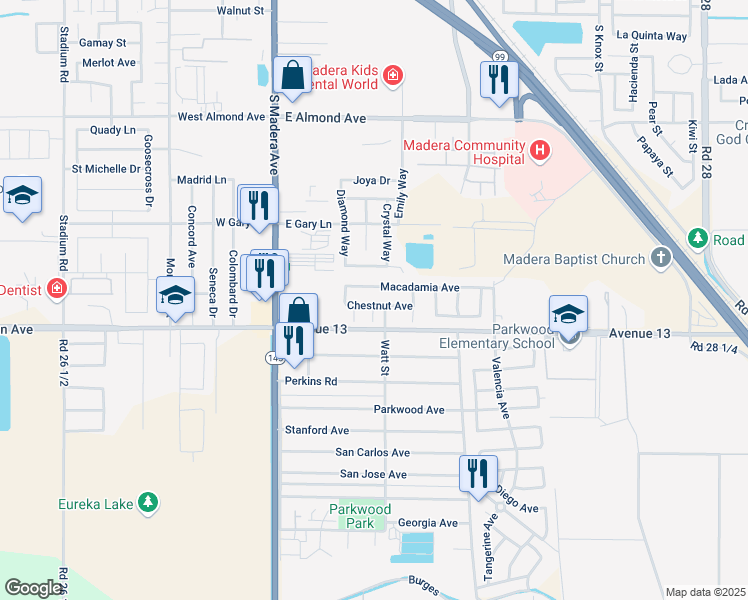 map of restaurants, bars, coffee shops, grocery stores, and more near 529 Chestnut Avenue in Madera