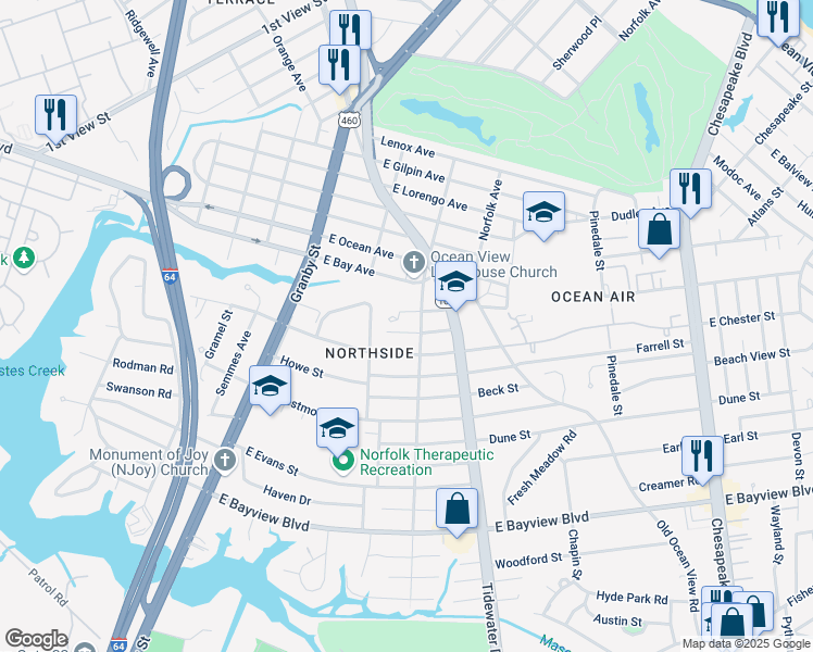 map of restaurants, bars, coffee shops, grocery stores, and more near 227 Twilley Street in Norfolk