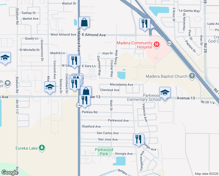 map of restaurants, bars, coffee shops, grocery stores, and more near 529 Chestnut Avenue in Madera