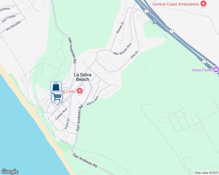 map of restaurants, bars, coffee shops, grocery stores, and more near 228 Altivo Avenue in La Selva Beach