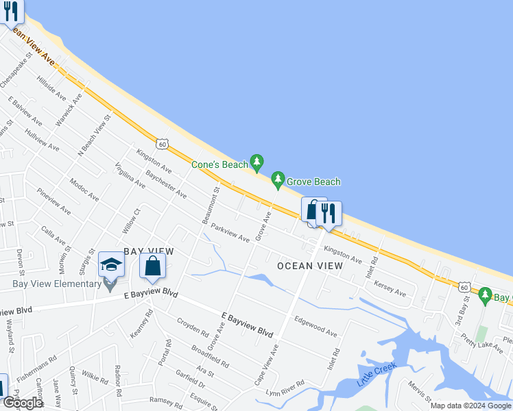 map of restaurants, bars, coffee shops, grocery stores, and more near 1721 East Ocean View Avenue in Norfolk