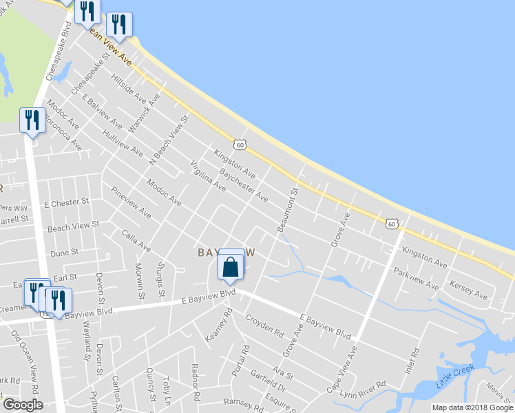 map of restaurants, bars, coffee shops, grocery stores, and more near 1508 Virgilina Avenue in Norfolk