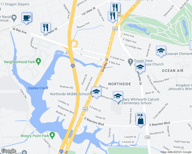 map of restaurants, bars, coffee shops, grocery stores, and more near 8823 Granby Street in Norfolk