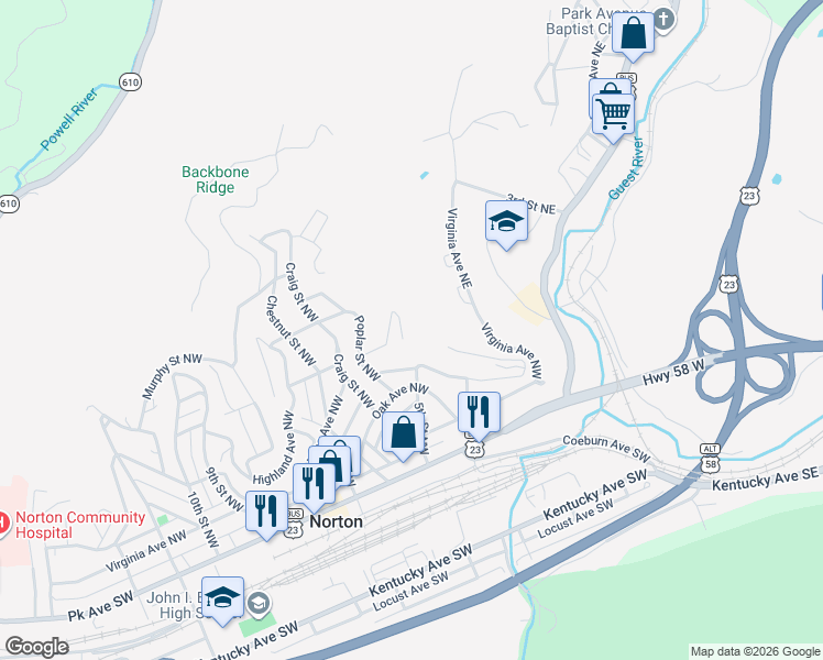map of restaurants, bars, coffee shops, grocery stores, and more near 500 Ridge Avenue Northwest in Norton