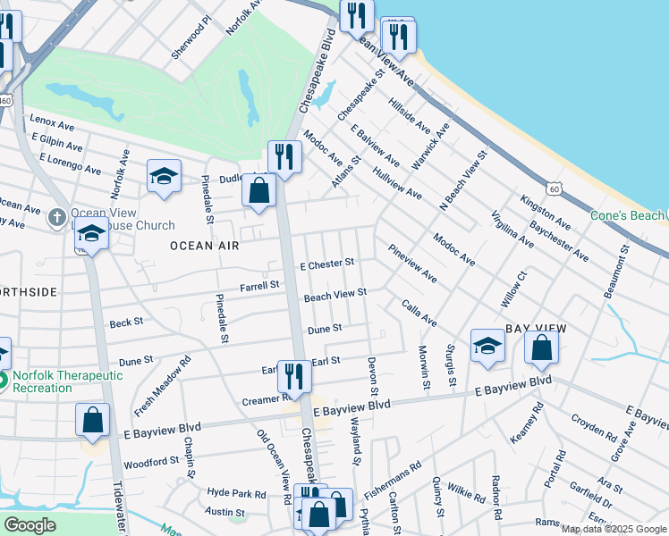 map of restaurants, bars, coffee shops, grocery stores, and more near 8851 Plymouth Street in Norfolk