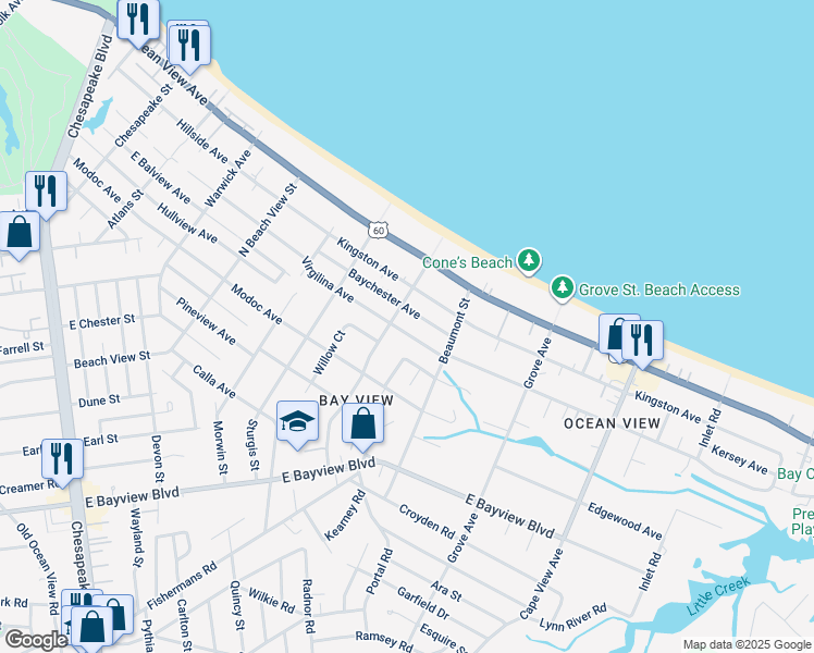 map of restaurants, bars, coffee shops, grocery stores, and more near 1508 Virgilina Avenue in Norfolk