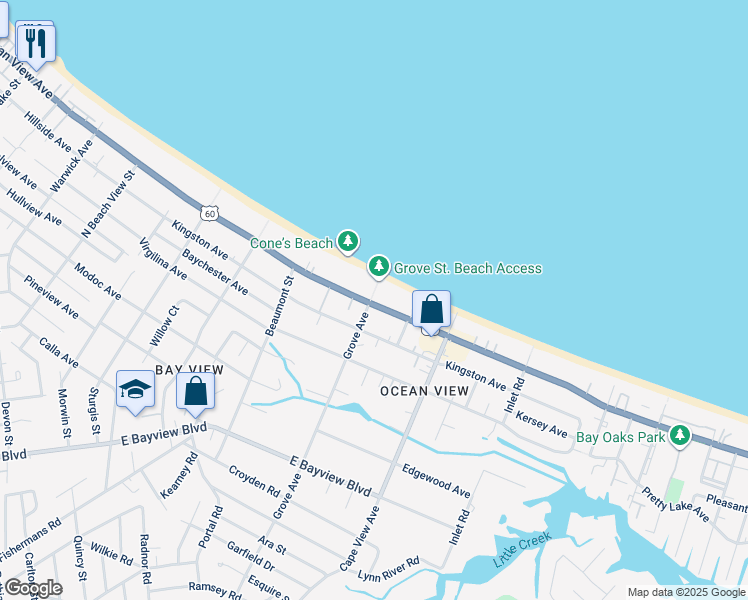 map of restaurants, bars, coffee shops, grocery stores, and more near 1800 East Ocean View Avenue in Norfolk