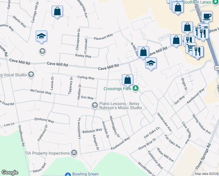 map of restaurants, bars, coffee shops, grocery stores, and more near 2416-2498 Grider Pond Road in Bowling Green