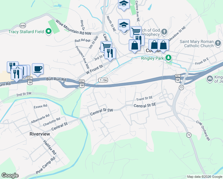 map of restaurants, bars, coffee shops, grocery stores, and more near 105 Lee Drive Southwest in Coeburn