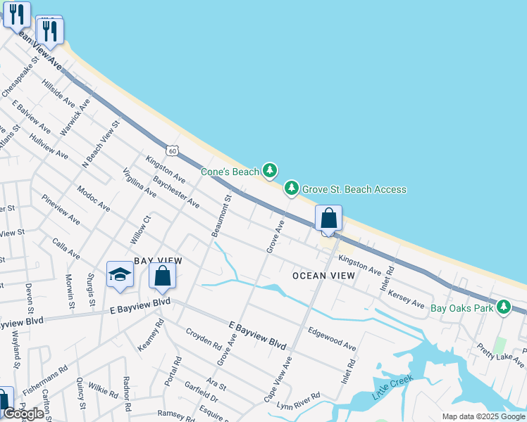 map of restaurants, bars, coffee shops, grocery stores, and more near 1714 Kingston Avenue in Norfolk