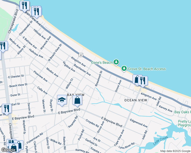 map of restaurants, bars, coffee shops, grocery stores, and more near 1528 Baychester Avenue in Norfolk