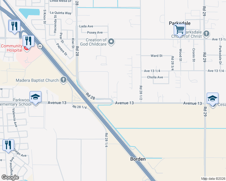 map of restaurants, bars, coffee shops, grocery stores, and more near 13142 Robbins Lane in Madera
