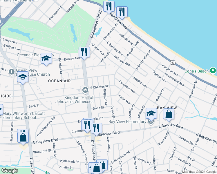 map of restaurants, bars, coffee shops, grocery stores, and more near 1071 East Chester Street in Norfolk