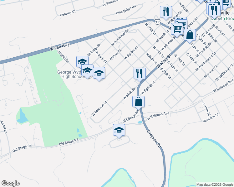 map of restaurants, bars, coffee shops, grocery stores, and more near 1497-1599 West Monroe Street in Wytheville
