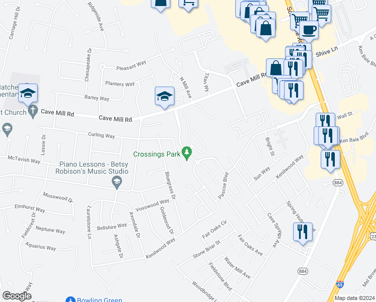 map of restaurants, bars, coffee shops, grocery stores, and more near 2500 Crossings Boulevard in Bowling Green