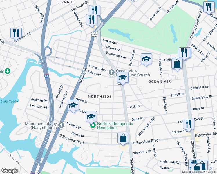 map of restaurants, bars, coffee shops, grocery stores, and more near 227 Twilley Street in Norfolk