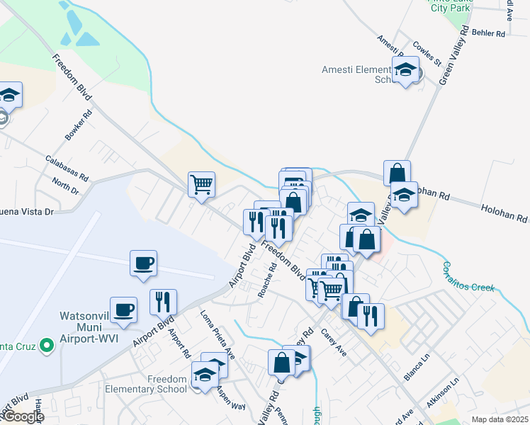 map of restaurants, bars, coffee shops, grocery stores, and more near 99 Airport Boulevard in Freedom