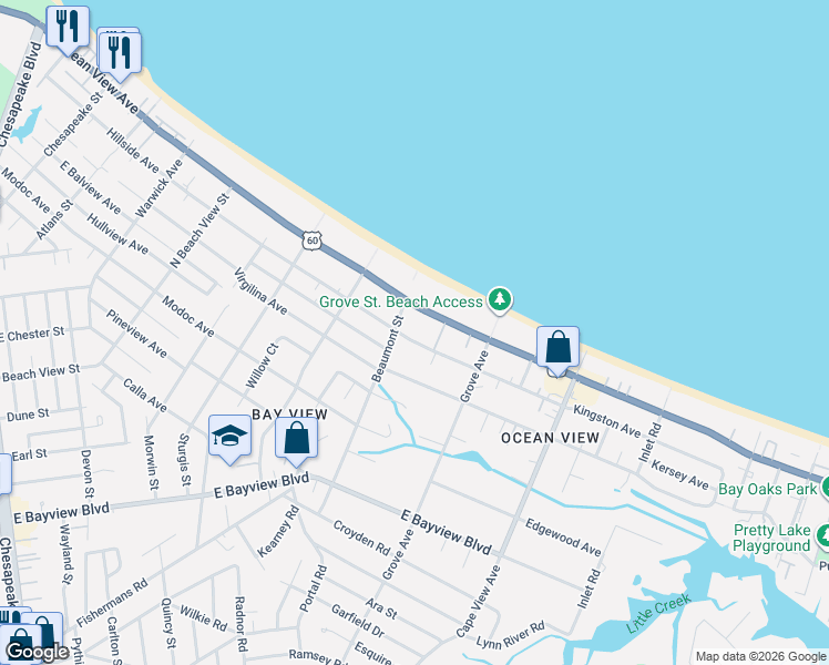 map of restaurants, bars, coffee shops, grocery stores, and more near 1627 Kingston Avenue in Norfolk