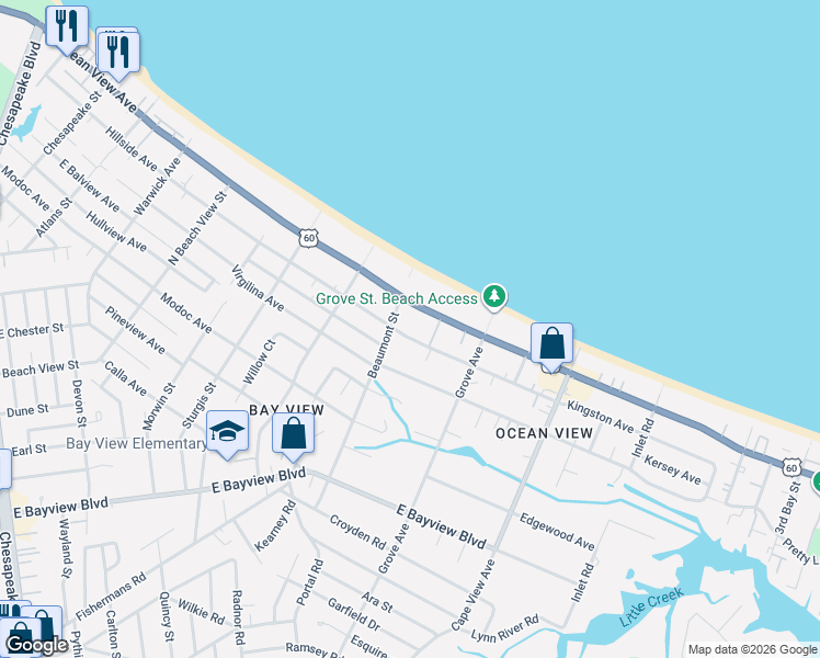 map of restaurants, bars, coffee shops, grocery stores, and more near 1627 Kingston Avenue in Norfolk