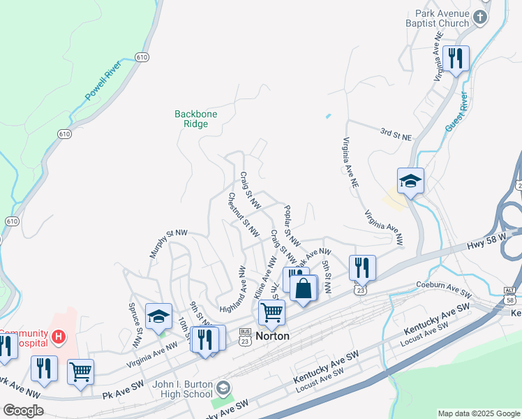 map of restaurants, bars, coffee shops, grocery stores, and more near 398 Craig St NW in Norton