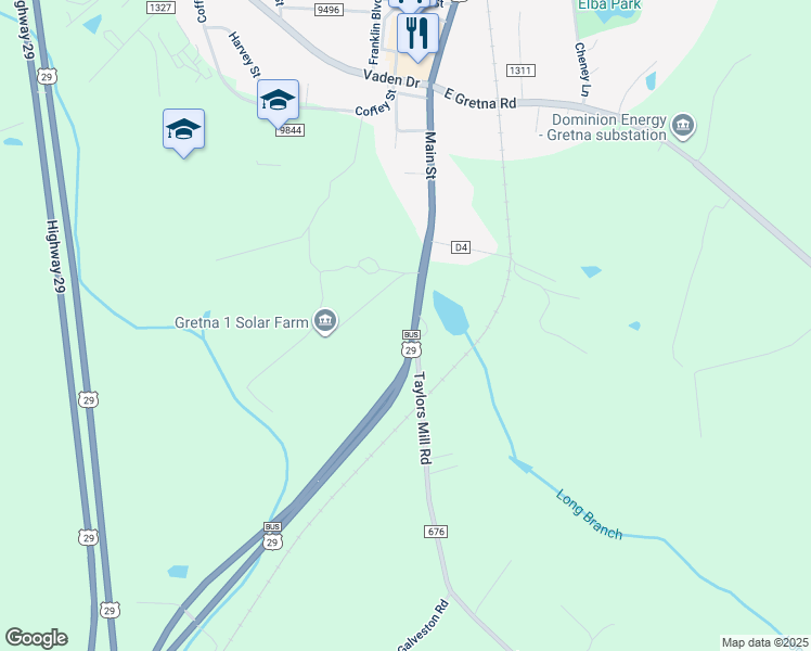 map of restaurants, bars, coffee shops, grocery stores, and more near 704 South Main Street in Gretna