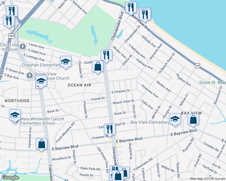 map of restaurants, bars, coffee shops, grocery stores, and more near 1012 East Chester Street in Norfolk