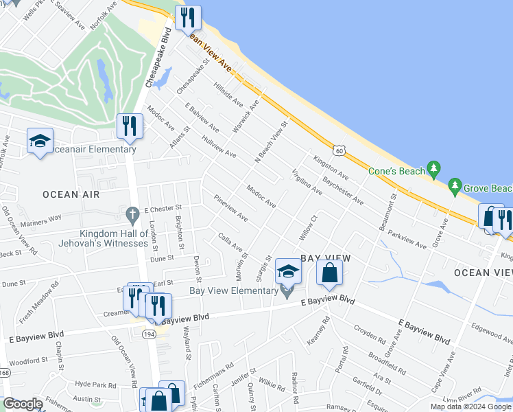 map of restaurants, bars, coffee shops, grocery stores, and more near 1328 Oak Park Avenue in Norfolk