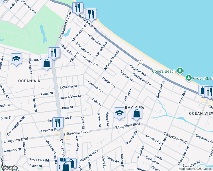 map of restaurants, bars, coffee shops, grocery stores, and more near 1328 Oak Park Avenue in Norfolk