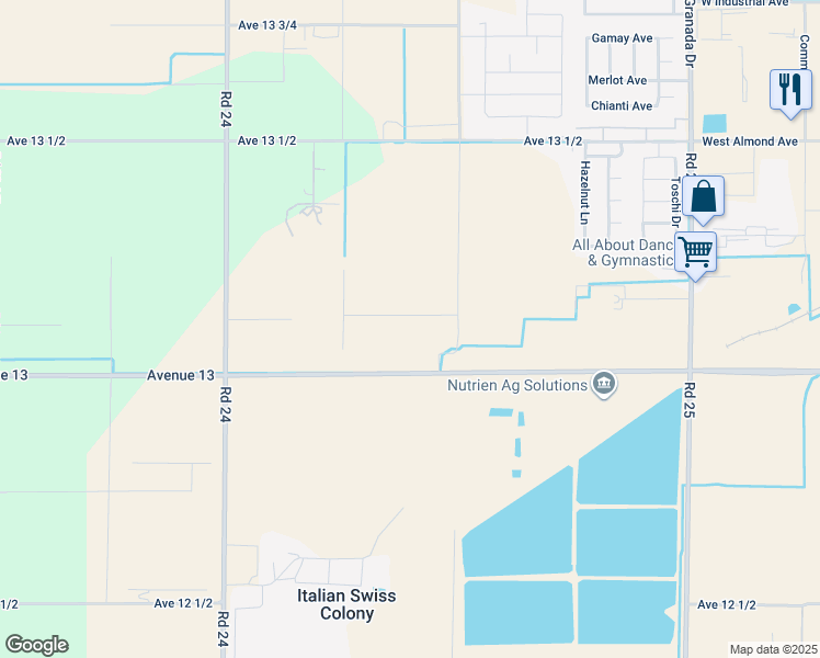 map of restaurants, bars, coffee shops, grocery stores, and more near 24479 Avenue 13 in Madera