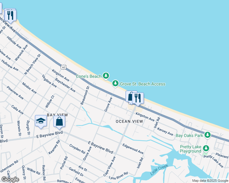 map of restaurants, bars, coffee shops, grocery stores, and more near 1805 East Ocean View Avenue in Norfolk