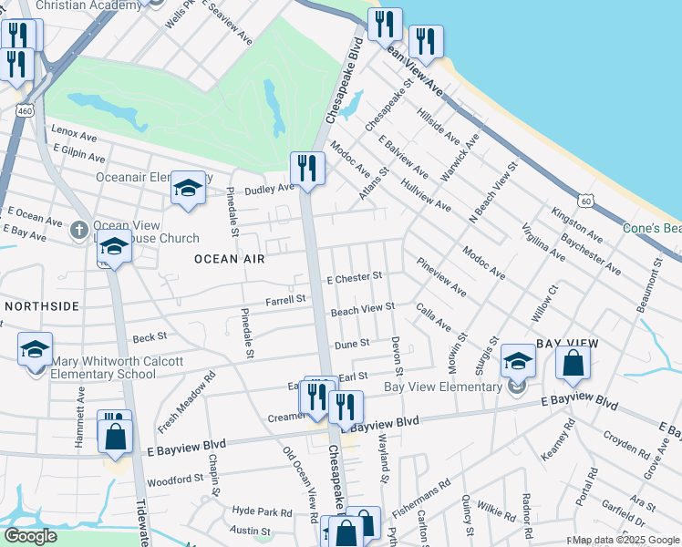 map of restaurants, bars, coffee shops, grocery stores, and more near 8851 Plymouth Street in Norfolk