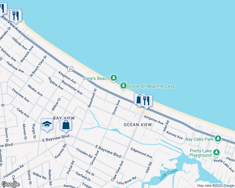 map of restaurants, bars, coffee shops, grocery stores, and more near 1728 East Ocean View Avenue in Norfolk