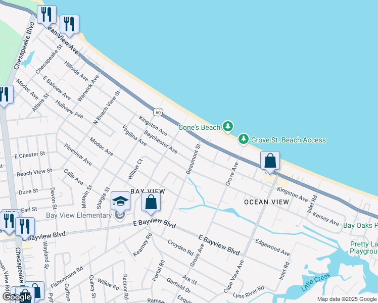 map of restaurants, bars, coffee shops, grocery stores, and more near 1533 Kingston Avenue in Norfolk