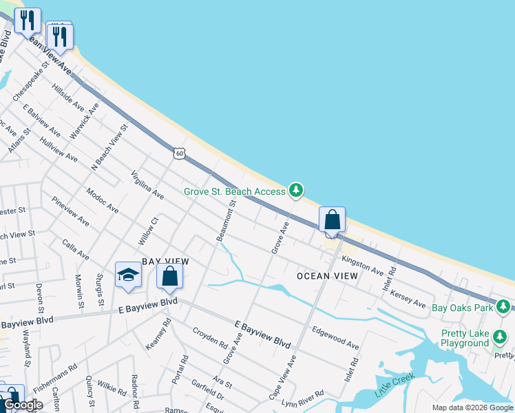 map of restaurants, bars, coffee shops, grocery stores, and more near 1700 East Ocean View Avenue in Norfolk