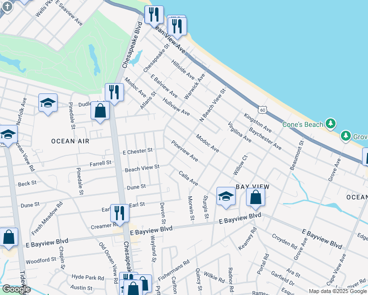 map of restaurants, bars, coffee shops, grocery stores, and more near 1236 Oak Park Avenue in Norfolk