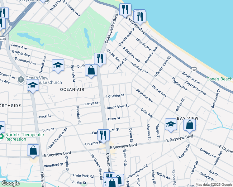 map of restaurants, bars, coffee shops, grocery stores, and more near 1042 East Chester Street in Norfolk