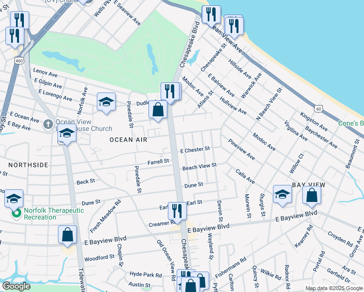 map of restaurants, bars, coffee shops, grocery stores, and more near 8932 Chesapeake Boulevard in Norfolk