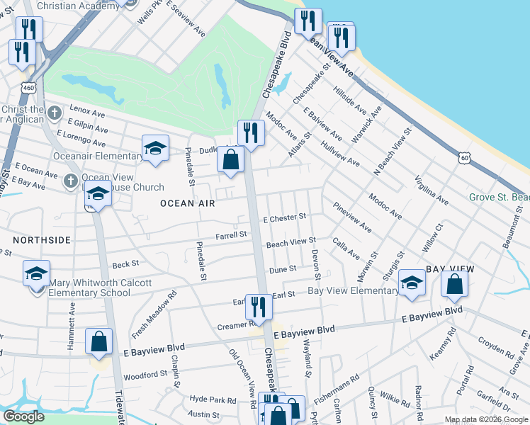 map of restaurants, bars, coffee shops, grocery stores, and more near 8932 Chesapeake Boulevard in Norfolk