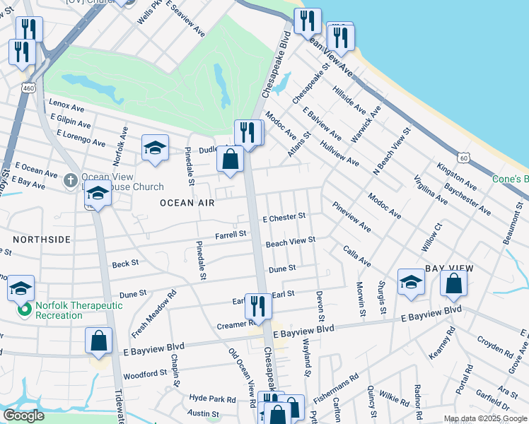 map of restaurants, bars, coffee shops, grocery stores, and more near 8932 Chesapeake Boulevard in Norfolk