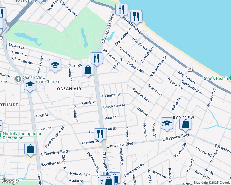 map of restaurants, bars, coffee shops, grocery stores, and more near 1050 E Chester St in Norfolk
