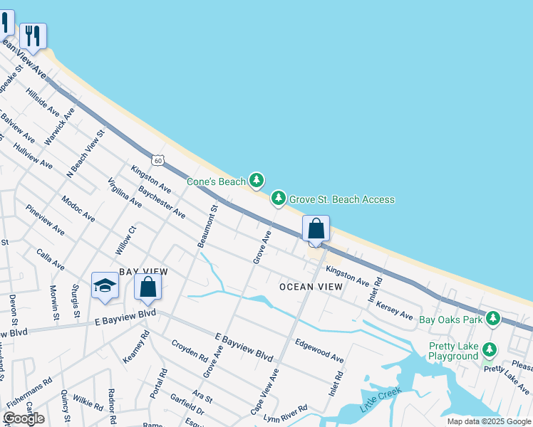 map of restaurants, bars, coffee shops, grocery stores, and more near 1728 East Ocean View Avenue in Norfolk