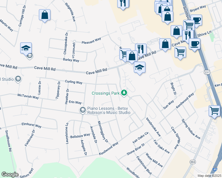 map of restaurants, bars, coffee shops, grocery stores, and more near 2412 Bluegrass Drive in Bowling Green